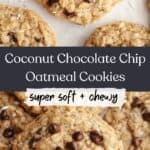 A close up of chocolate chip coconut oatmeal cookies on parchment paper.