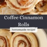 An overhead shot of a coffee roll and then unbaked coffee rolls in a dish.