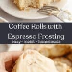 A hand grabbing a cinnamon coffee roll, and a roll on a plate.