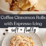 A hand grabbing a cinnamon coffee roll, and a roll on a plate.