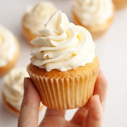 A hand holding a cupcake with vanilla bean buttercream.