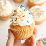 A hand holding a vanilla bean cupcake with rainbow sprinkles.