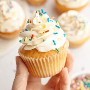 A hand holding a vanilla bean cupcake with rainbow sprinkles.