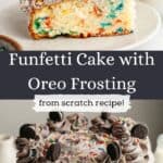 A slice of Oreo funfetti cake on a plate, and the Oreo frosted cake on a white cake stand.
