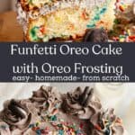 A slice of Oreo funfetti cake being lifted out, and an overhead shot of the cake.