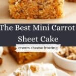Square slices of mini carrot cake with whipped cream cheese frosting and chopped walnuts.