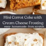 Square slices of mini carrot cake with whipped cream cheese frosting and chopped walnuts.