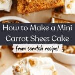 Square slices of mini carrot snack cake with cream cheese frosting and chopped walnuts.