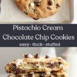 A chocolate chip cookie on a baking sheet and a stack of pistachio cream filled chocolate chip cookies.