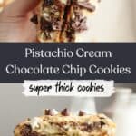 Pistachio cream filled chocolate chip cookies, broken in half to show the filling inside.