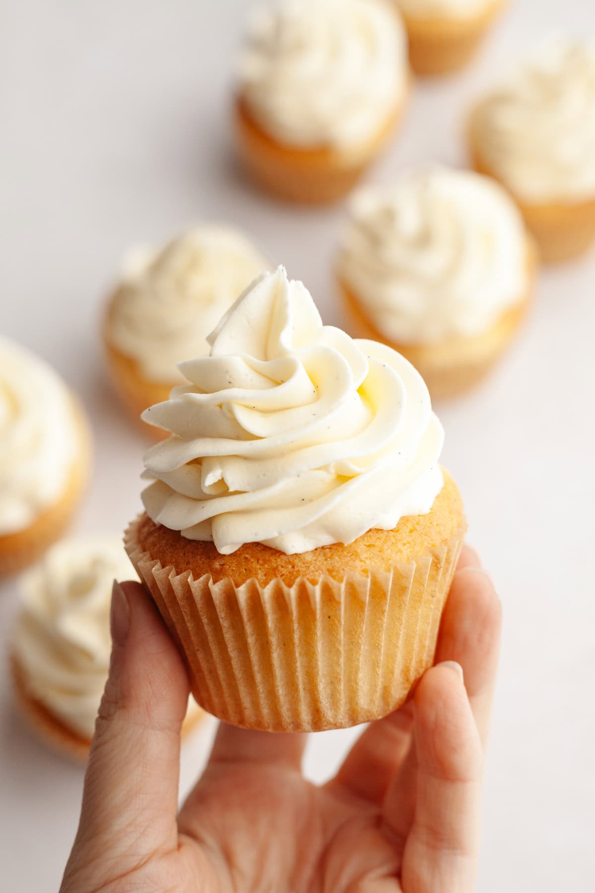 A hand holding a vanilla cupcake with vanilla bean buttercream.