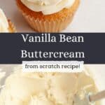 Vanilla cupcakes covered in vanilla bean frosting, and vanilla frosting in a bowl.