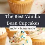 A close up of vanilla bean cupcakes with rainbow sprinkles.