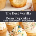 A close up of vanilla bean cupcakes with rainbow sprinkles.
