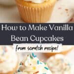 A hand holding a vanilla bean cupcake with rainbow sprinkles.
