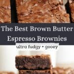 A close up of a brownie and a stack of 4 browned butter espresso brownies.