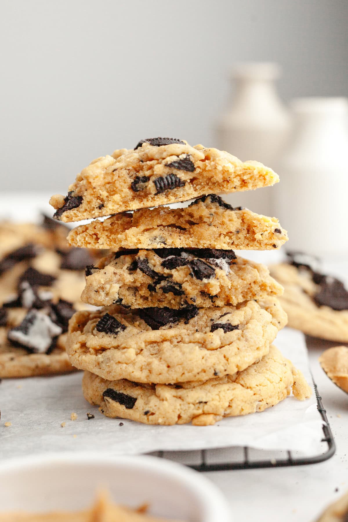 A stack of peanut butter Oreo cookies.