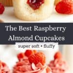 A close up of almond raspberry cupcakes, one has a bite taken out of it showing a jam filling.