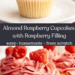 A close up of almond raspberry cupcakes, one has a bite taken out of it showing a jam filling.