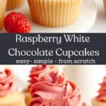 Vanilla cupcakes with pink frosting, one has a bite taken out of it showing a white chocolate filling.