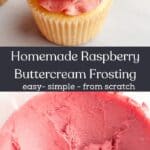 A vanilla cupcake covered in pink raspberry buttercream frosting and a bowl of pink frosting.