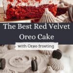 A close up of a slice of red velvet cake, and the frosted cake on a cake stand.
