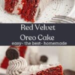 A close up of slices of red velvet Oreo cake on a small plate.
