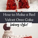 A close up of slices of red velvet Oreo cake, one has a bite taken out of it.