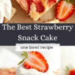 Slices of mini strawberry cake, one slice is topped with vanilla whipped cream and a fresh strawberry.