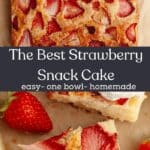 A square strawberry snack cake, and a close up of a slice of cake.