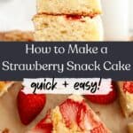A stack of three slices of cake, and an overhead shot of a strawberry snack cake slice.