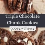A hand holding 5 chocolate chunk cookie halves, and another hand holding one triple chocolate chunk cookie.