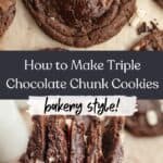 A hand holding 5 chocolate chunk cookie halves, and a whole triple chocolate cookie on parchment paper.