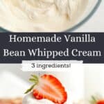 A glass bowl with vanilla bean whipped cream and a slice of cake with whipped cream on top.