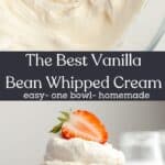 A glass bowl with vanilla bean whipped cream and a stack of vanilla cake slices topped with whipped cream.