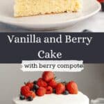 A slice of berry vanilla cake with mascarpone frosting and berries on a plate, beside a whole berry vanilla cake crowned with strawberries and blueberries on a cake stand.