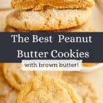 A stack of browned butter peanut butter cookies cut in half and a hand holding a cookie.
