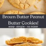 A stack of browned butter peanut butter cookies cut in half, and a close up of peanut butter cookies.