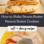A stack of browned butter peanut butter cookies cut in half, and brown butter in a bowl.