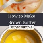 A spoon with brown butter and a saucepan with melting butter in it.