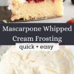 A slice of vanilla cake filled with berry jam and frosted with a white frosting, and a large bowl of mascarpone whipped cream frosting.
