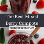 Mixed berry compote in a glass jam jar with a wooden spoon. There are fresh berries in the background.