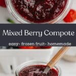 Mixed berry compote in a glass jam jar with a wooden spoon. There are fresh berries in the background.