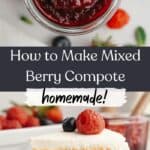 A jam jar filled with mixed berry compote, and a slice of vanilla cake with a mixed berry compote filling.