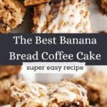 Slices of banana bread coffee cake drizzled with a white glaze on a small plate.