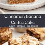 A slice of banana bread coffee cake drizzled with a white glaze on a small plate.