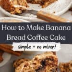 A slice of banana bread coffee cake drizzled with a white glaze on a small plate.