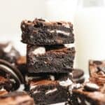 A stack of three fudgy Oreo brownies.