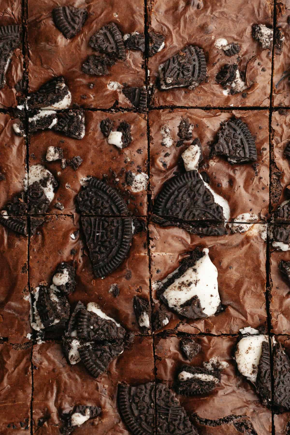 An overhead shot of Oreo brownies that have been sliced into squares.