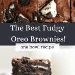 A stack of three fudgy Oreo brownies, and overhead shot of slice Oreo brownies.